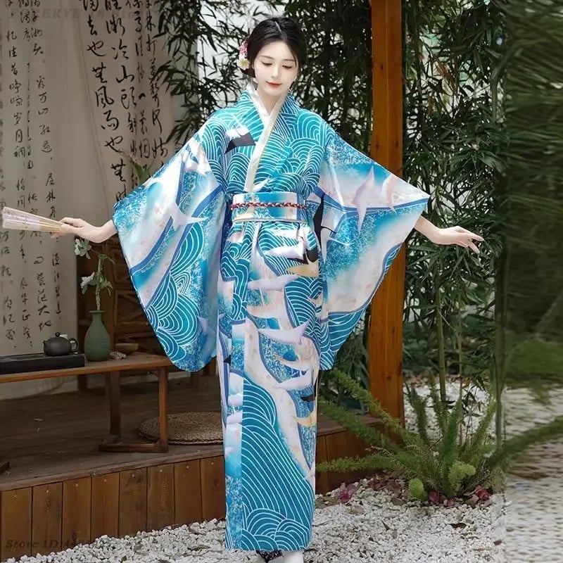 Blue And White Patterned Kimono With Wave Motif — Japanese Outfits
