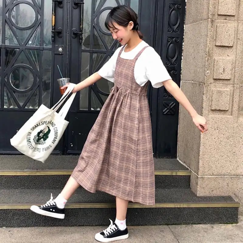 Plaid Pinafore Dress Over White T-shirt — Japanese Outfits