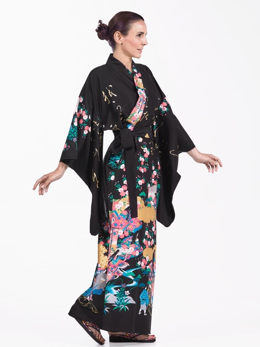 Black Floral Kimono With Flowing Silhouette — Japanese Outfits