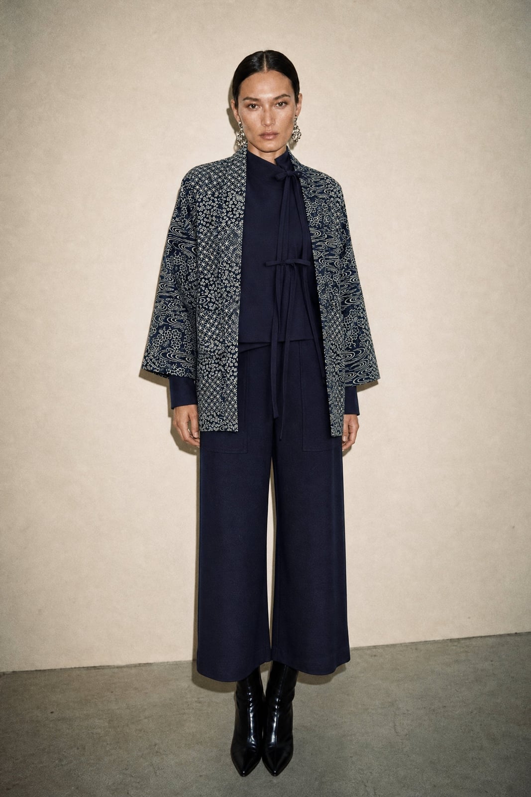 Patterned Kimono Jacket Over Mock Neck Top — Japanese Outfits