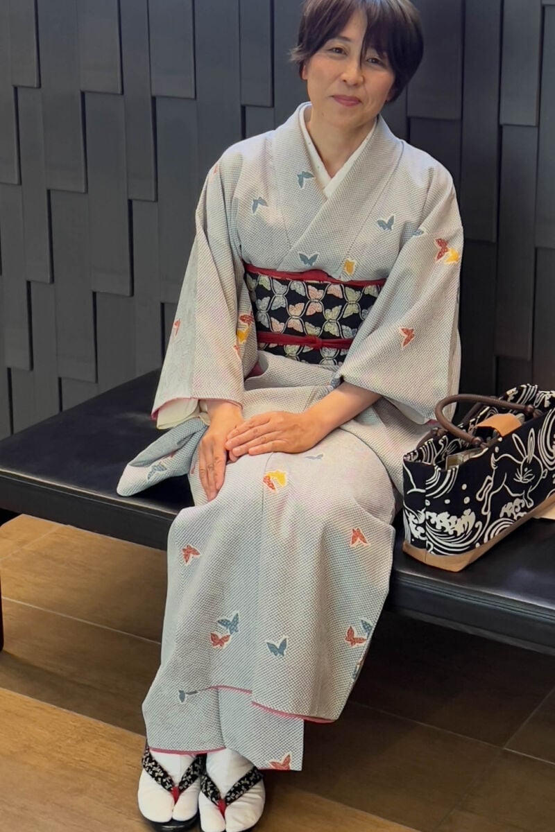 Butterfly Print Kimono With Geometric Obi — Japanese Outfits