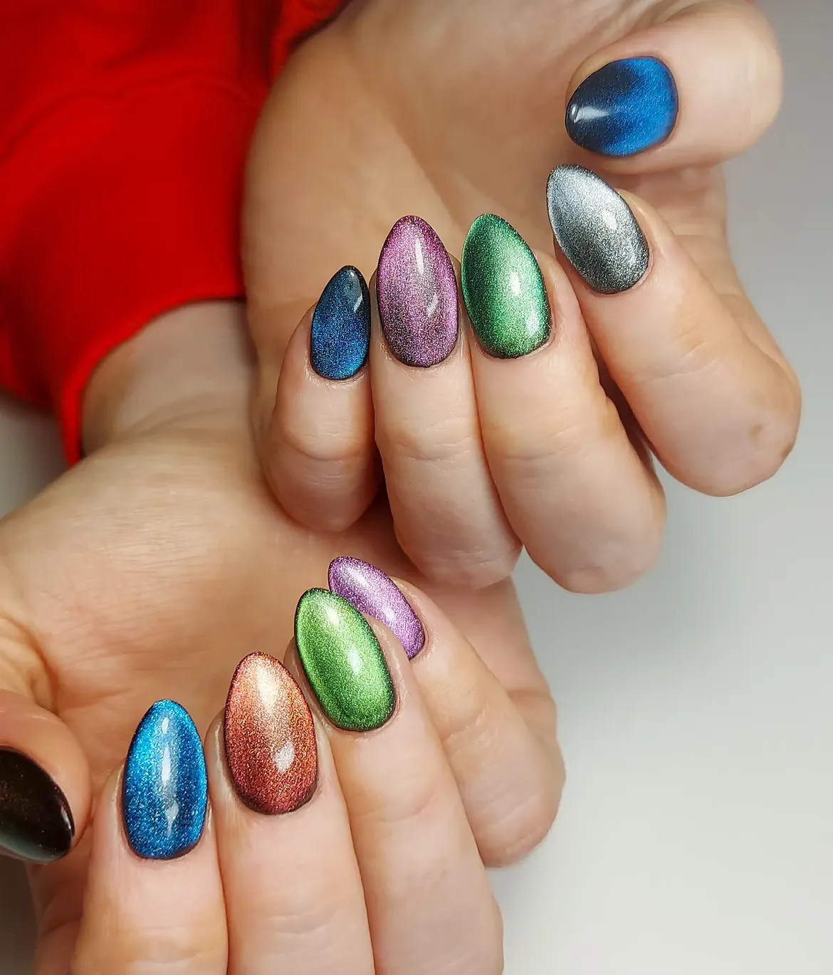 Jewel Tone Cat Eye Ombre Almond Nails