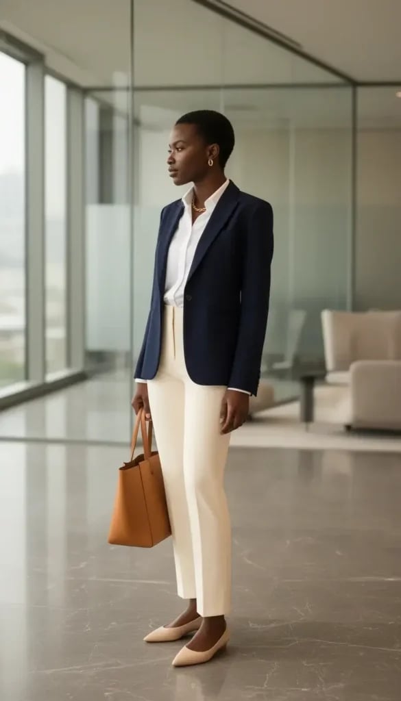 Classic Navy Blazer with Cream Trousers and White Shirt — Job Interview Outfits