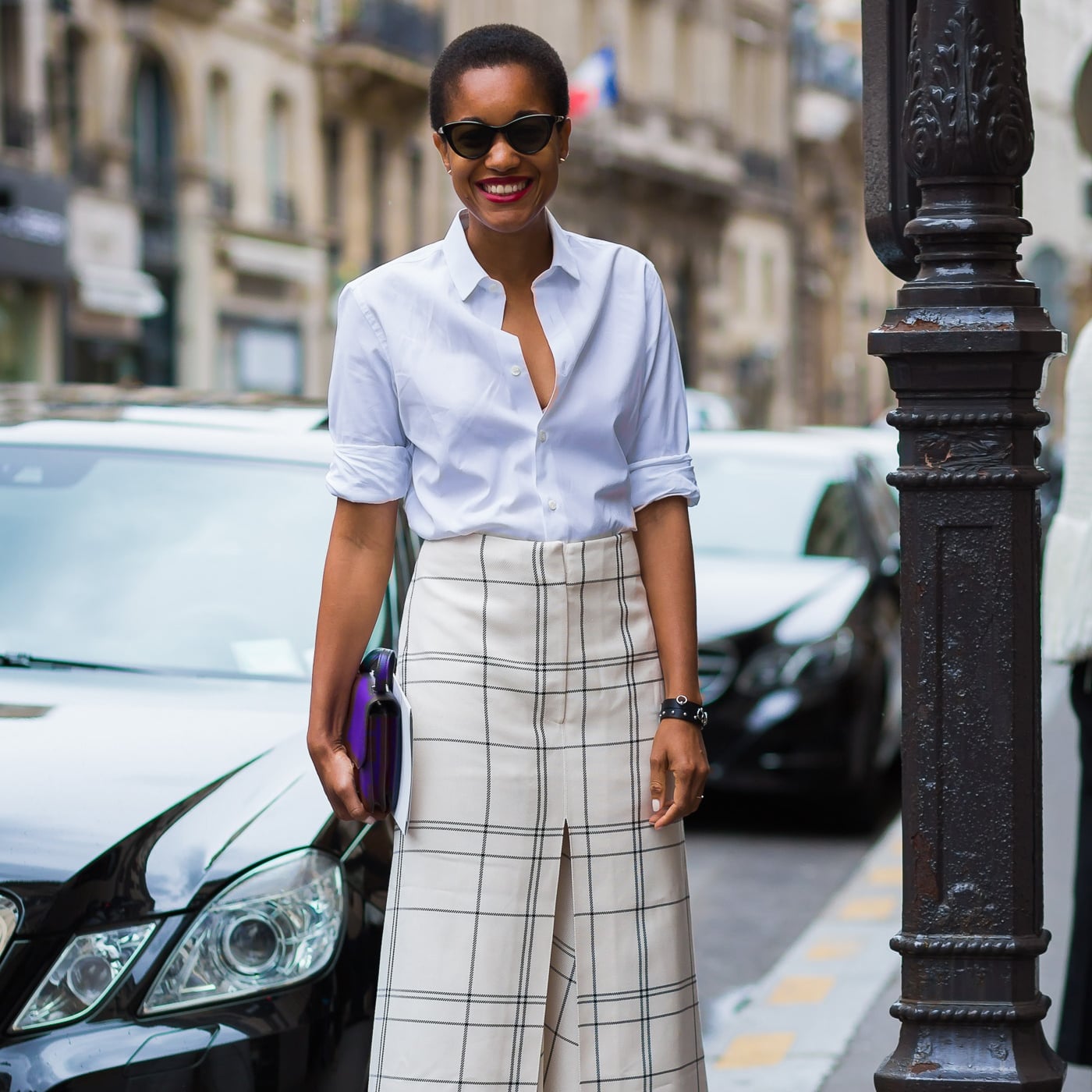 White Shirt with Plaid Midi Skirt and Sunglasses — Job Interview Outfits