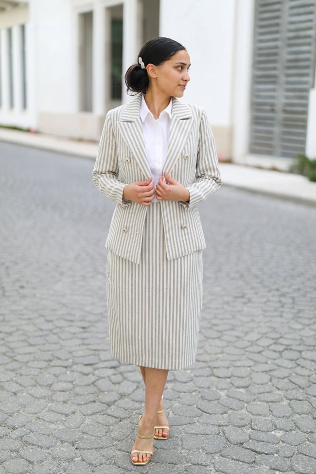 Pinstripe Double-Breasted Blazer with Straight Skirt — Job Interview Outfits