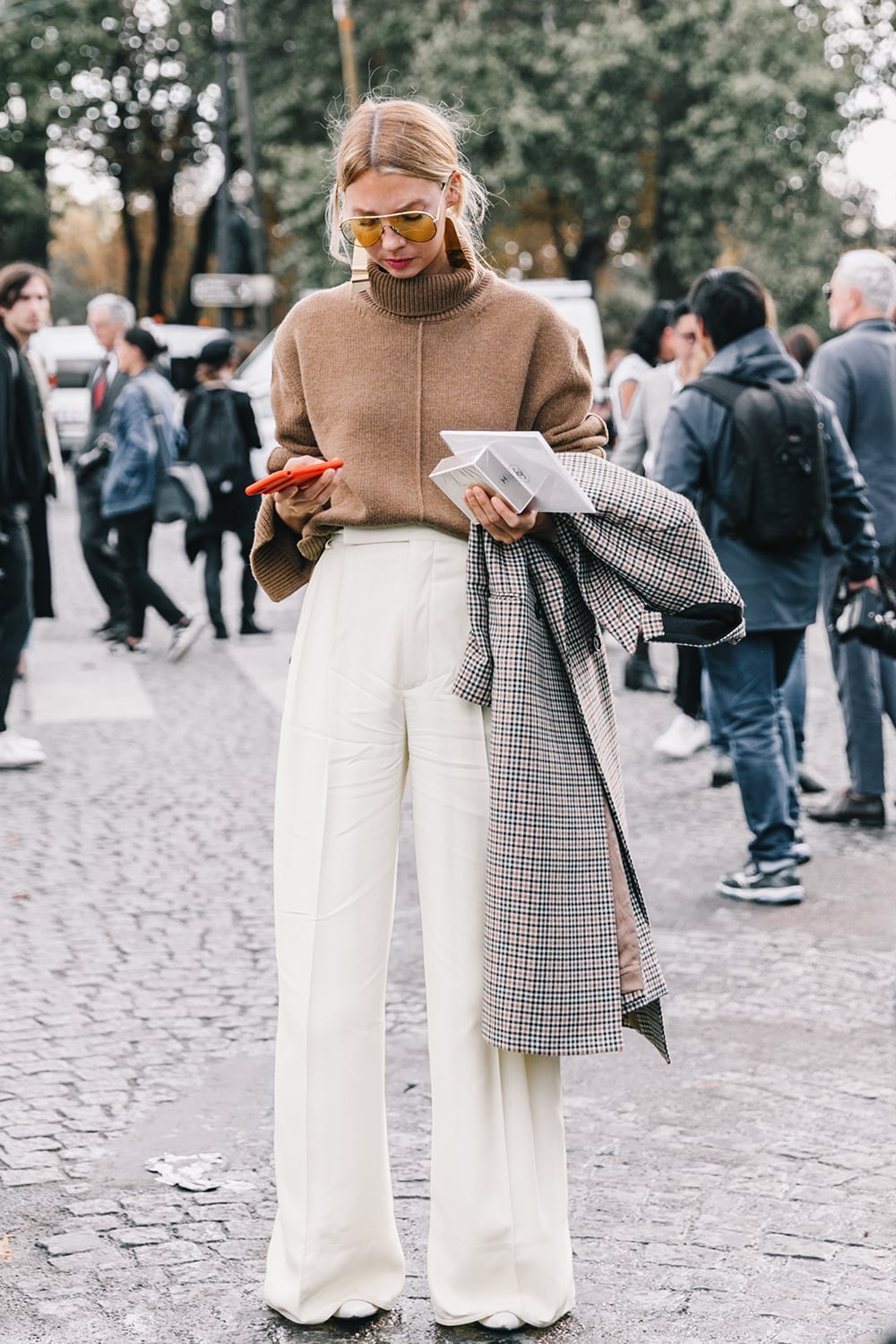 Brown Turtleneck with Cream Wide-Leg Trousers and Plaid Coat — Job Interview Outfits