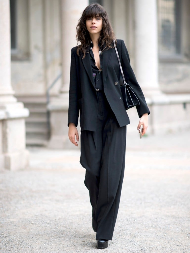 Black Oversized Blazer with Wide-Leg Trousers and Patterned Blouse — Job Interview Outfits