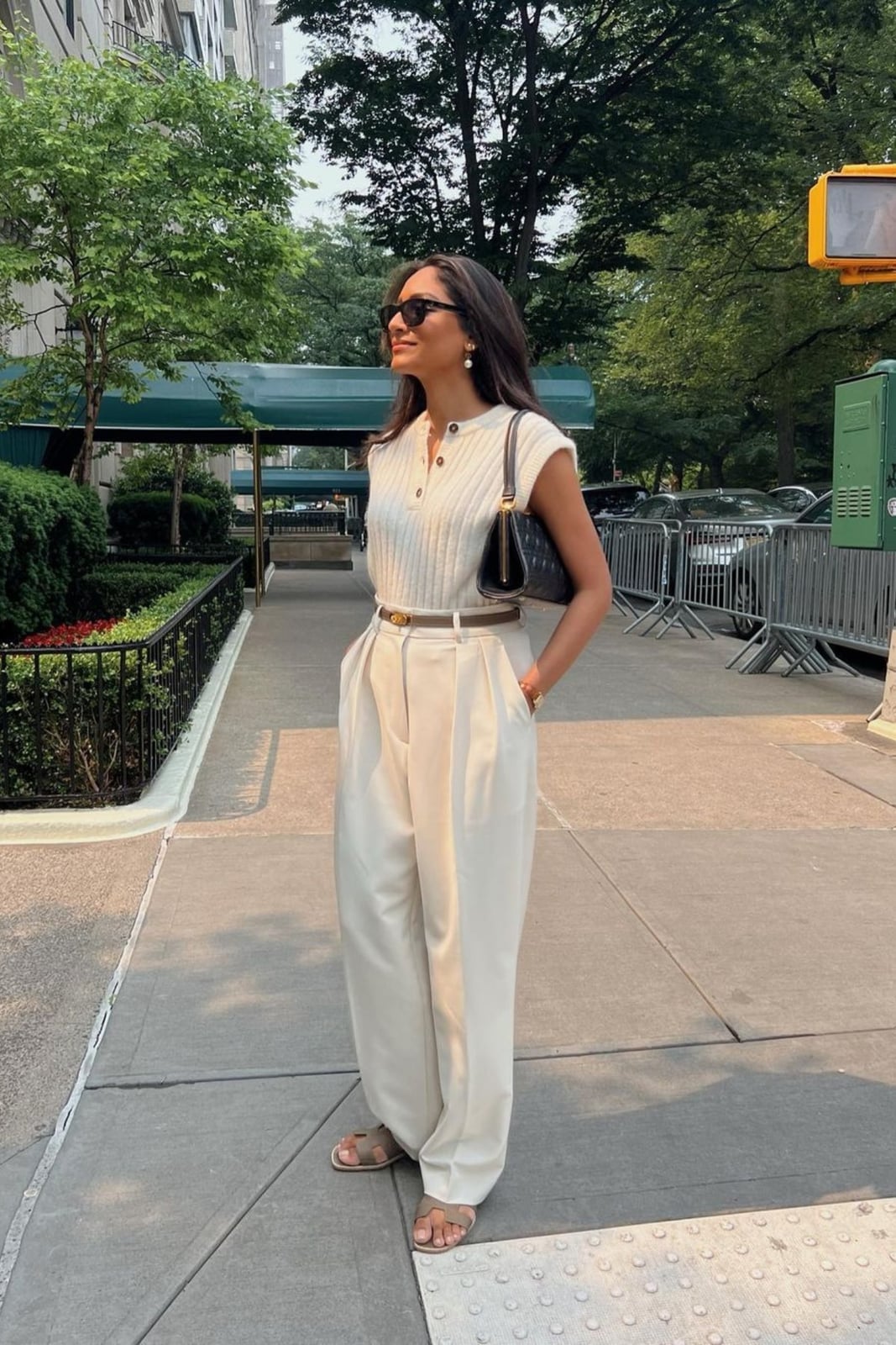 Cream Wide-Leg Pleated Trousers with Sleeveless Knit Top — Job Interview Outfits