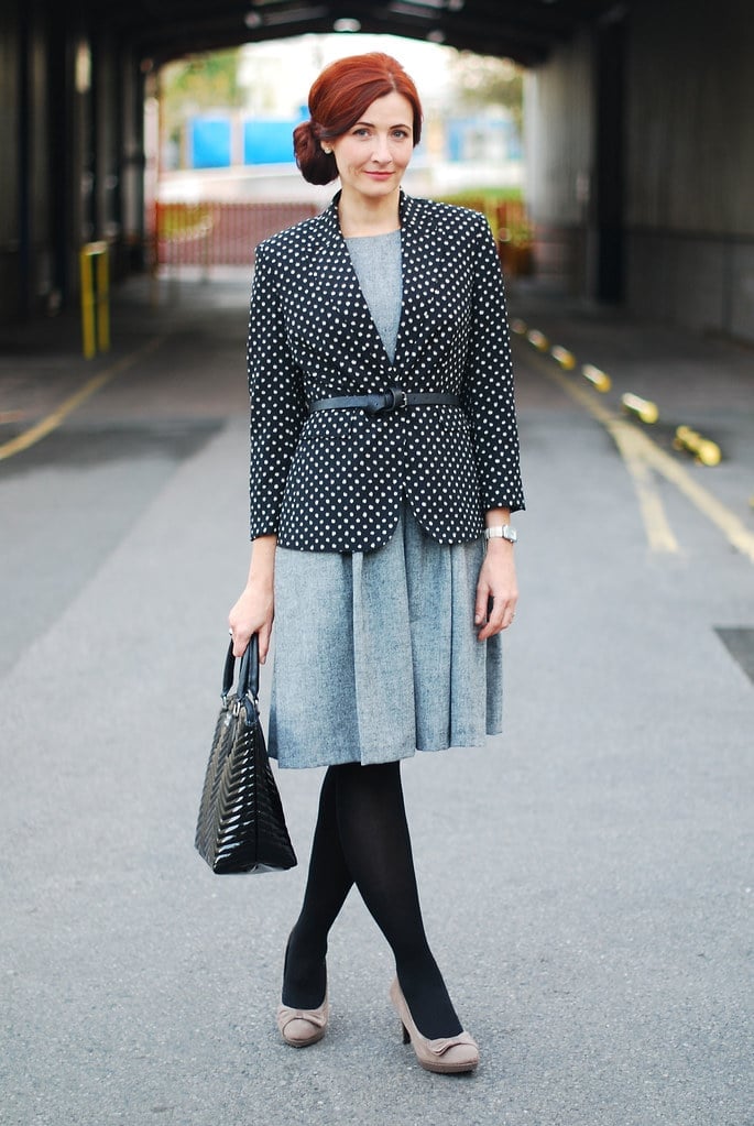 Gray Sheath Dress with Polka Dot Blazer — Job Interview Outfits