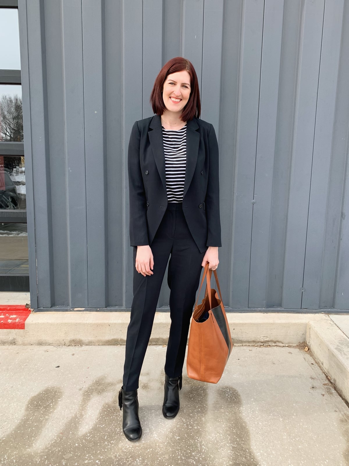 Black Double-Breasted Blazer with Striped T-Shirt and Black Trousers — Job Interview Outfits