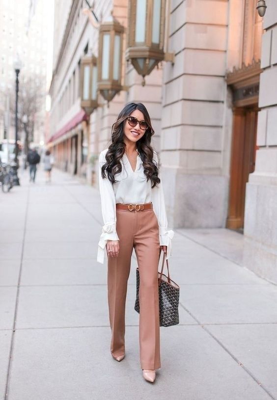 White Blouse with Tan Wide-Leg Trousers and Nude Heels — Job Interview Outfits