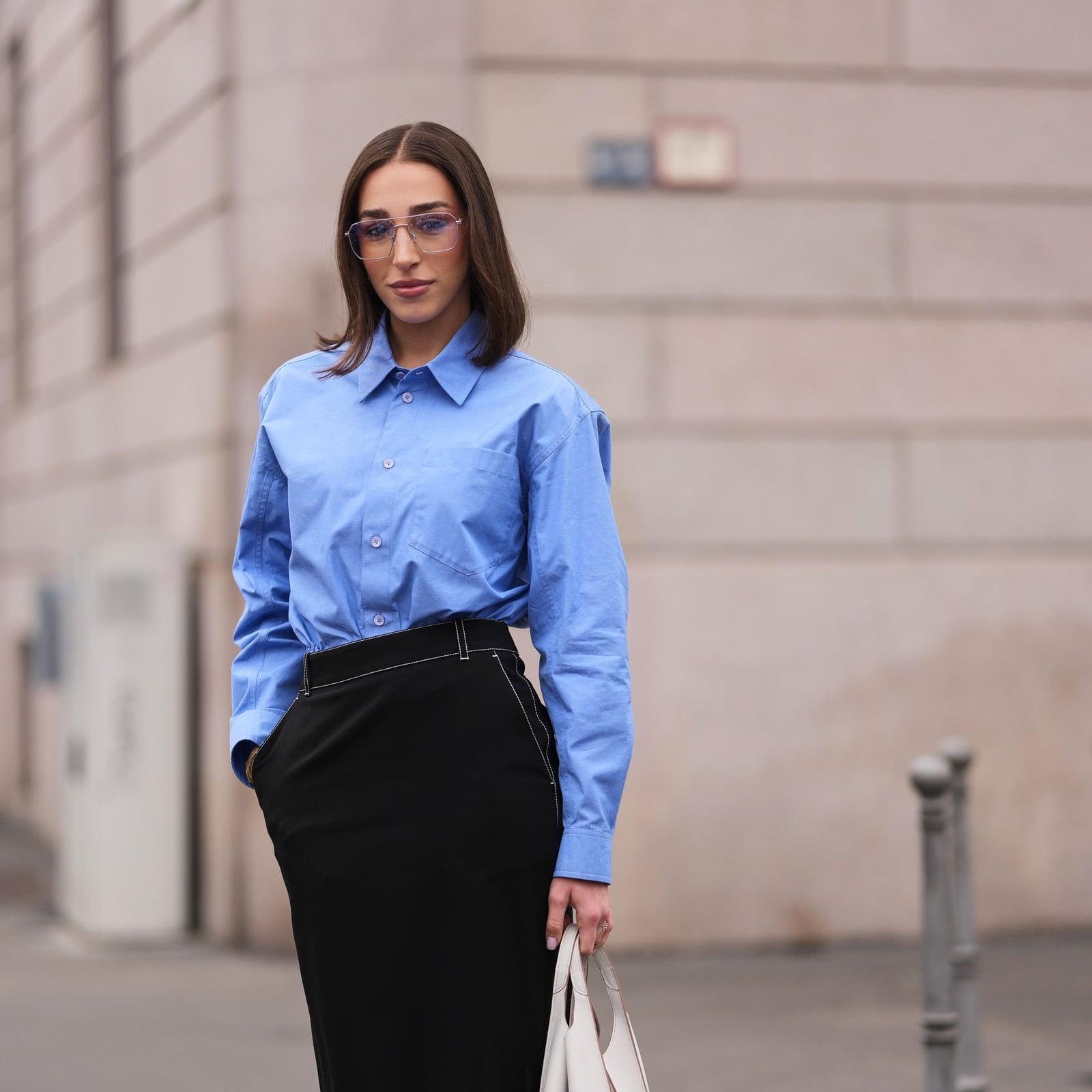 Oversized Blue Shirt with Black Pencil Skirt and Glasses — Job Interview Outfits