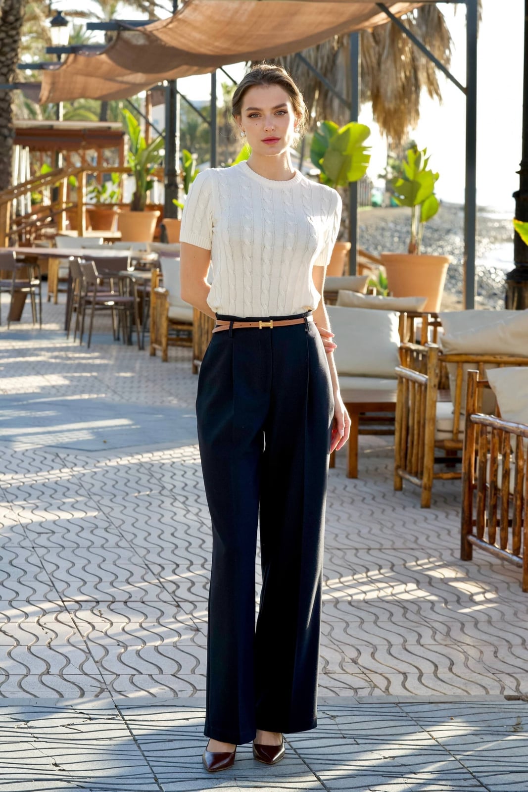 Red Voluminous Sleeve Blouse with Olive Green Wide-Leg Trousers — Job Interview Outfits