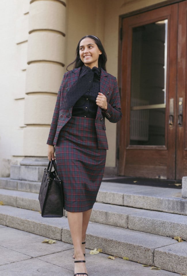 Plaid Blazer and Pencil Skirt with Collared Shirt — Job Interview Outfits