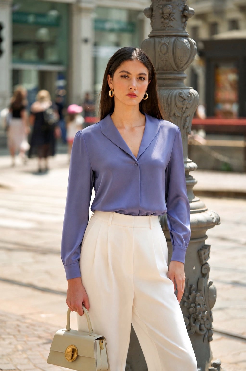 Periwinkle Blouse with Cream Wide-Leg Trousers — Job Interview Outfits