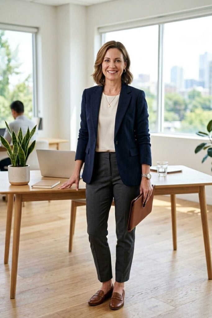 Navy Blazer with Cream Blouse and Gray Trousers — Job Interview Outfits