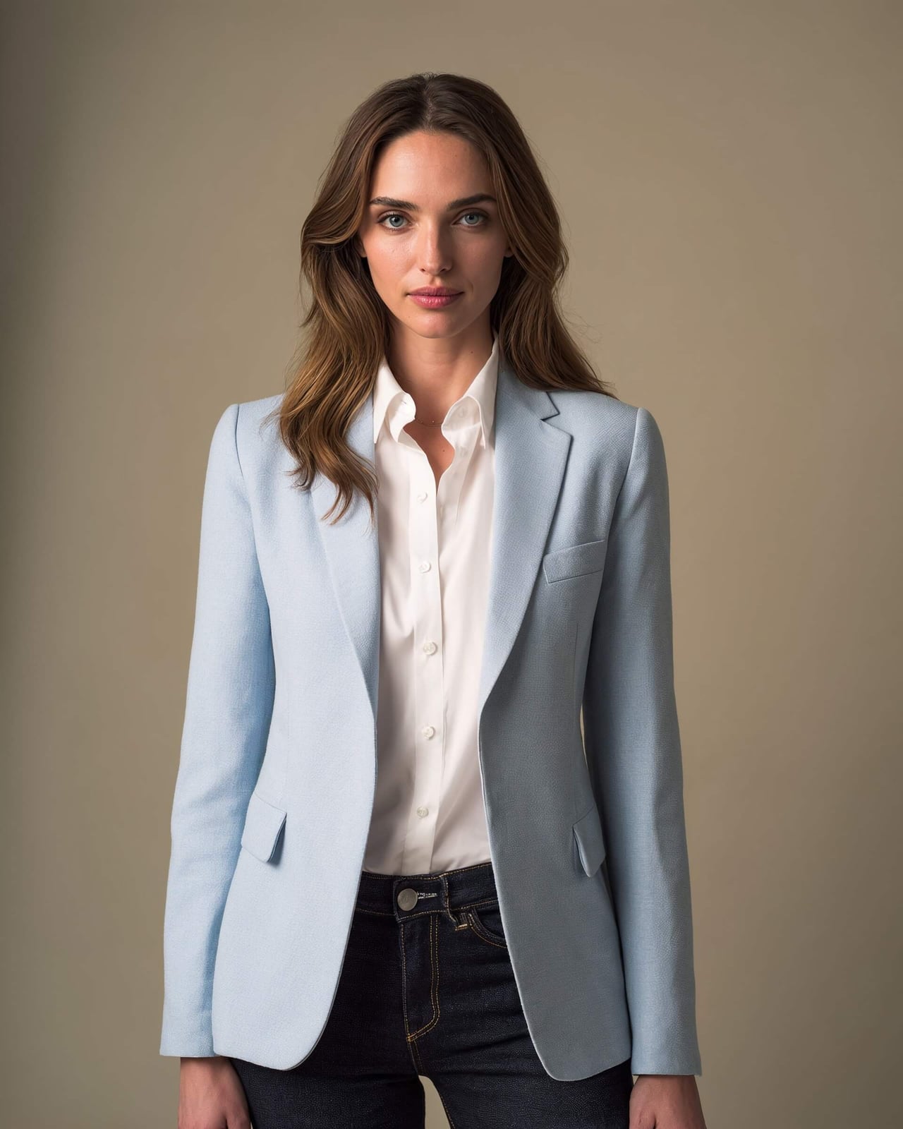 Light Blue Textured Blazer with White Shirt and Dark Jeans — Job Interview Outfits