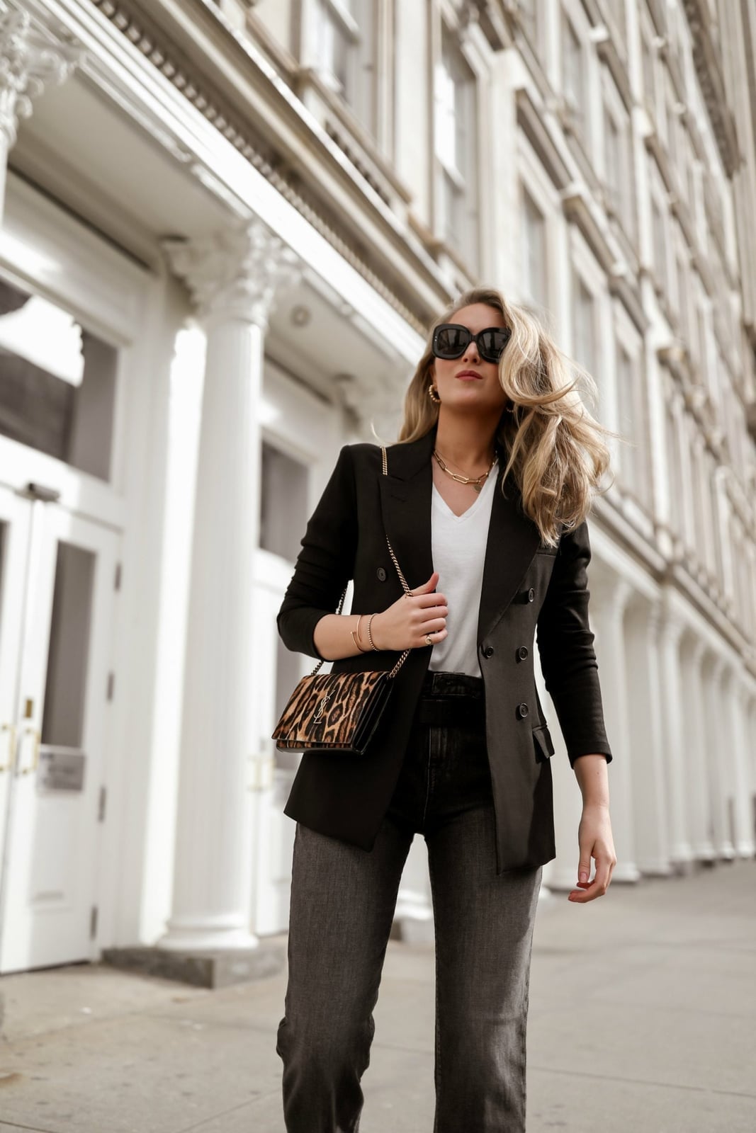 Black Double-Breasted Blazer with White T-Shirt and Gray Jeans — Job Interview Outfits
