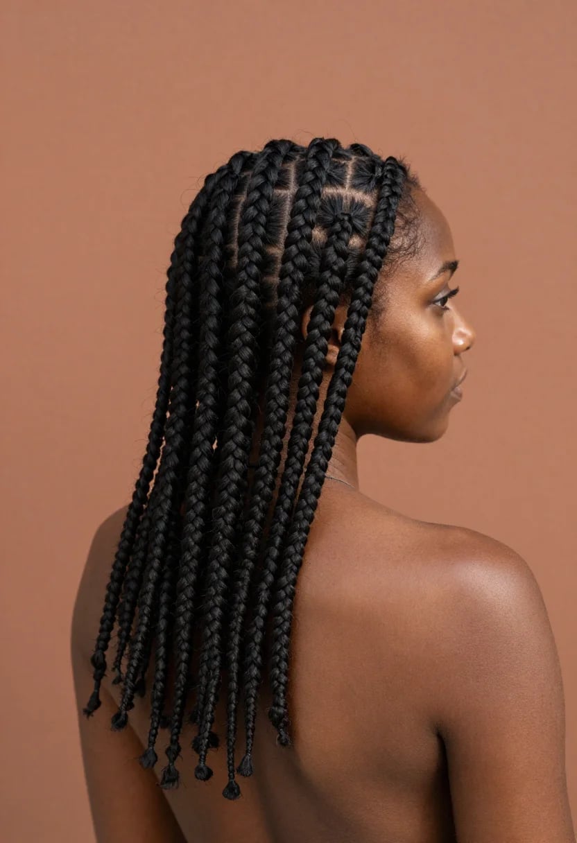 Mid-Back Black Jumbo Box Braids, Middle Mid-Back Black Jumbo Box Braids, Middle — Jumbo Braids