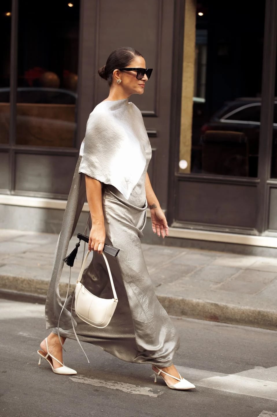 White Kitten Heels With Silver Draped Jumpsuit White Kitten Heels With Silver Draped Jumpsuit — Kitten Heels Outfits