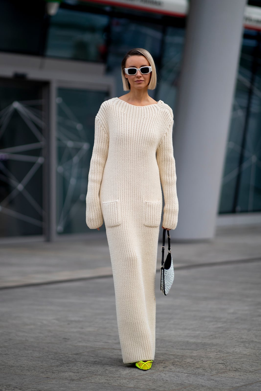 Cream Ribbed Knit Maxi Dress with Yellow Shoes — Knit Outfits