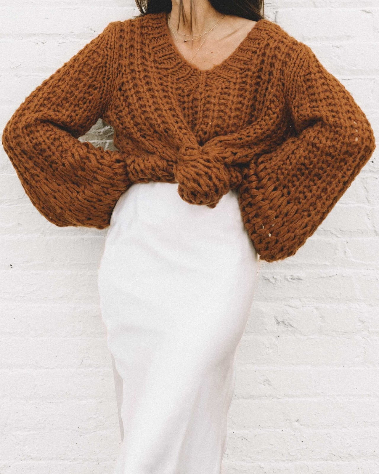 Brown Chunky Knit Sweater with White Silk Slip Skirt — Knit Outfits