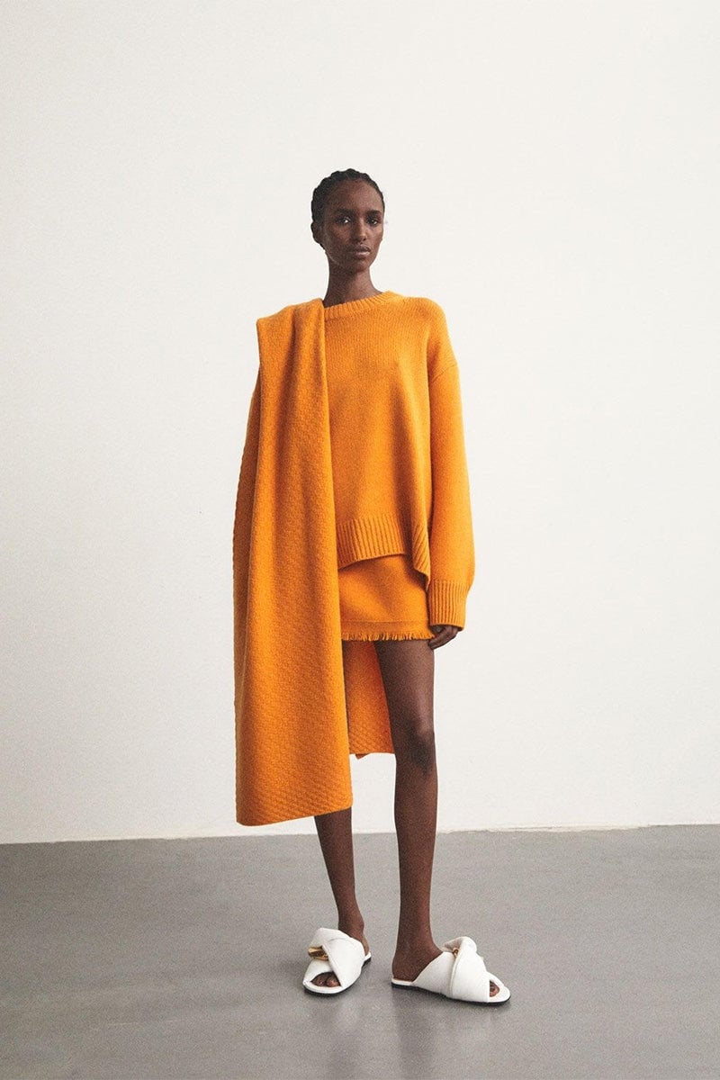 Orange Oversized Knit Sweater with Matching Skirt and Scarf — Knit Outfits