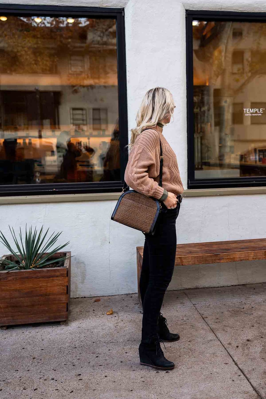 Tan Knit Turtleneck Sweater with Black Fitted Pants — Knit Outfits