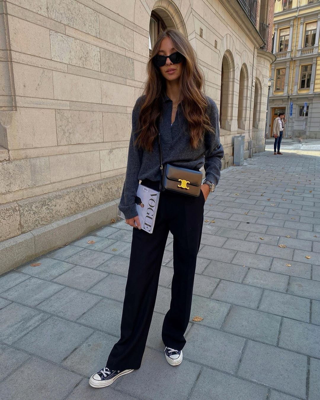Gray Knit Collared Sweater with Wide-Leg Black Pants — Knit Outfits