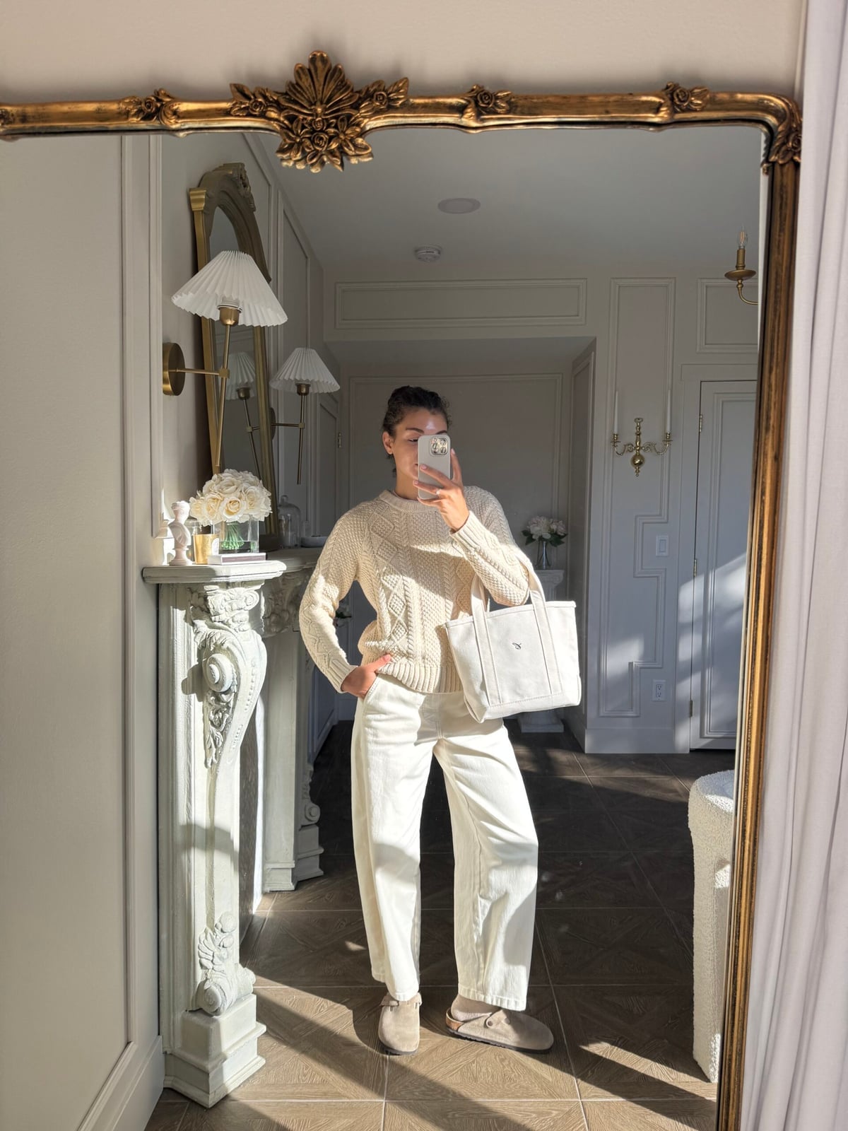 Cream Textured Knit Sweater with White Wide-Leg Pants — Knit Outfits