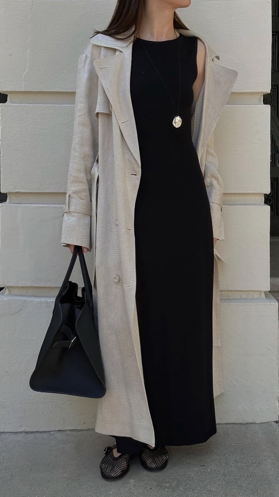 Black Sleeveless Knit Maxi Dress Under Beige Trench Coat — Knit Outfits