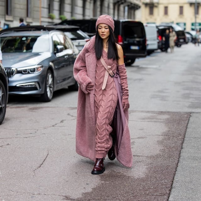 Mauve Oversized Knit Dress with Cable Knit Details and Pink Teddy Coat — Knit Outfits