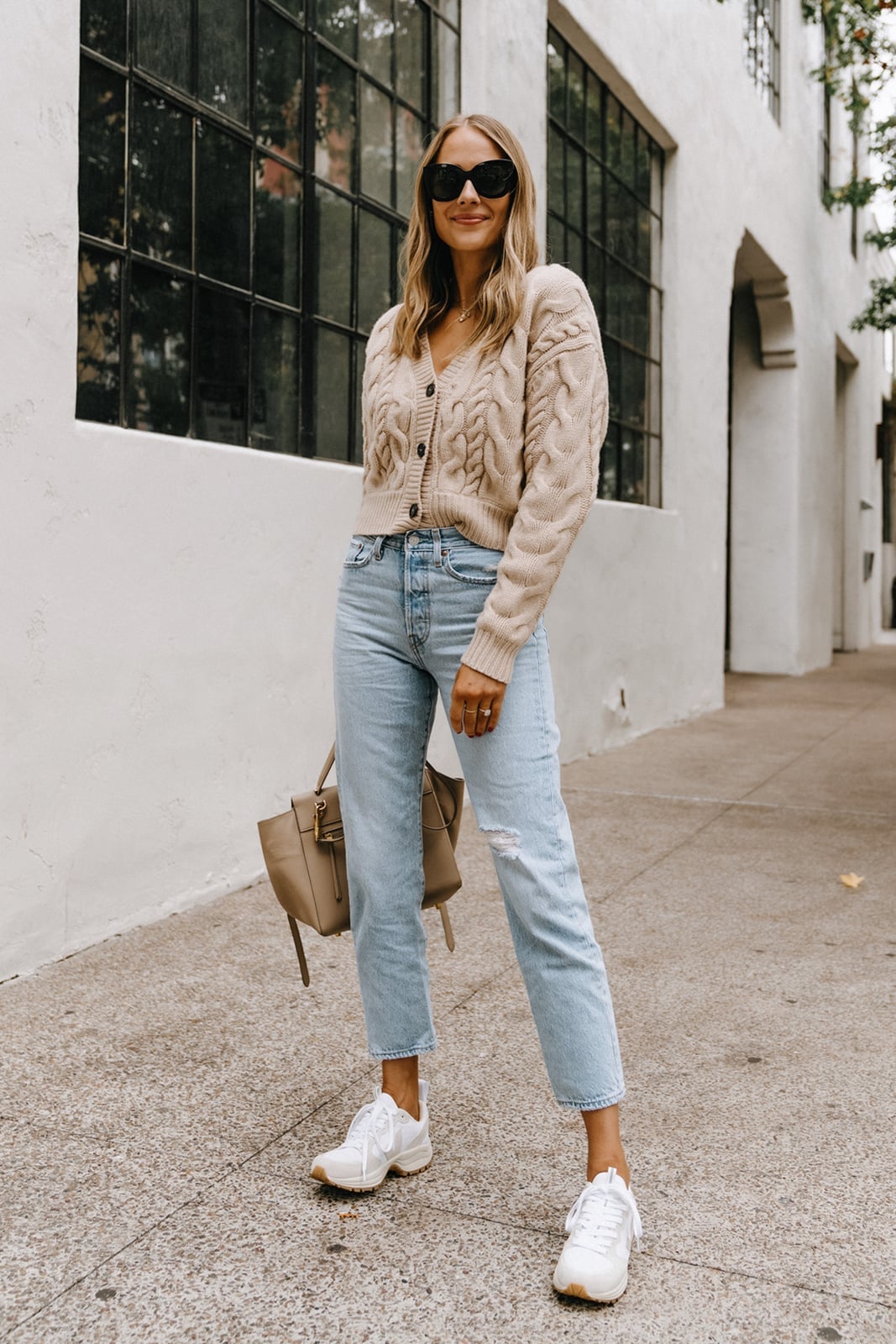 Beige Chunky Knit Cardigan Over T-Shirt with Jeans — Knit Outfits