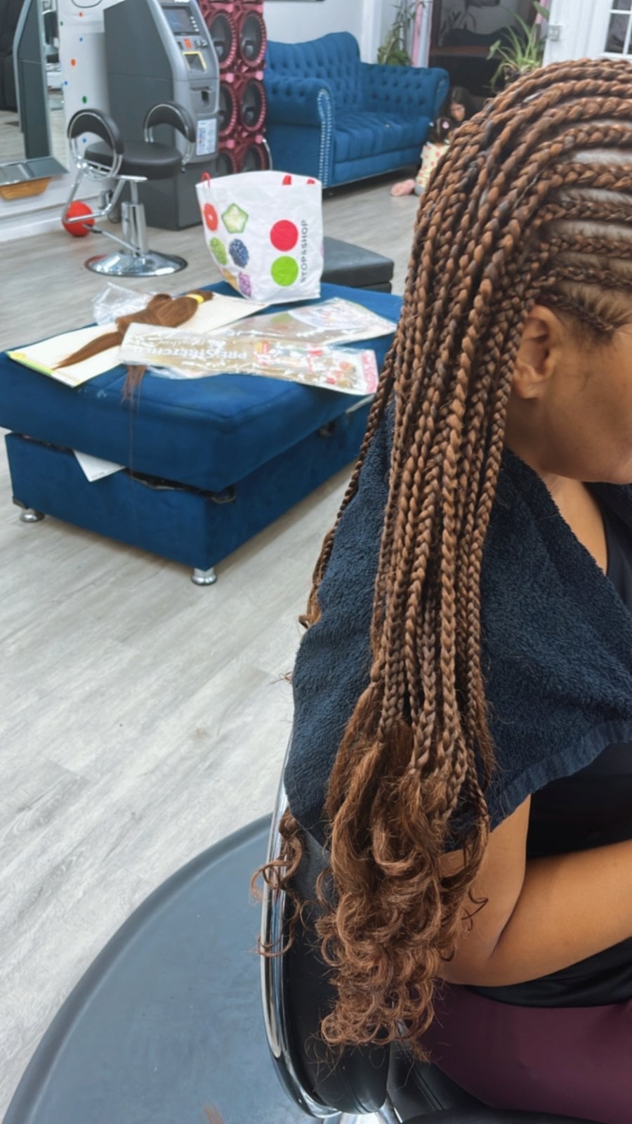Brown Braids With Curled Ends Brown Braids With Curled Ends — Knotless Box Braids