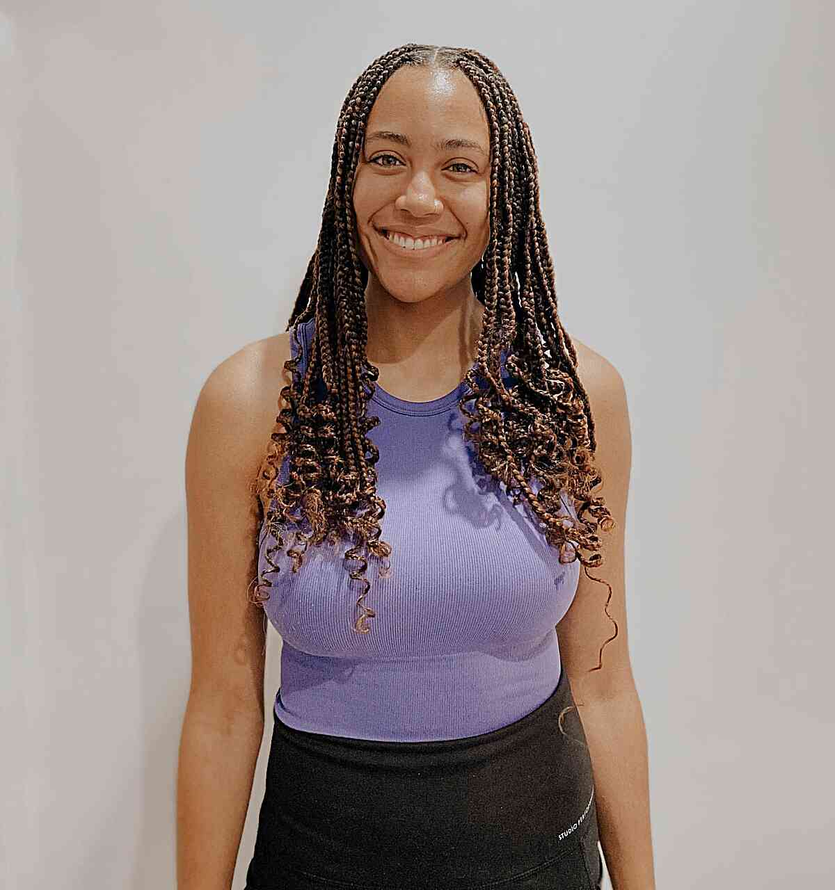 Dark Brown Braids With Curly Ends Dark Brown Braids With Curly Ends — Knotless Box Braids