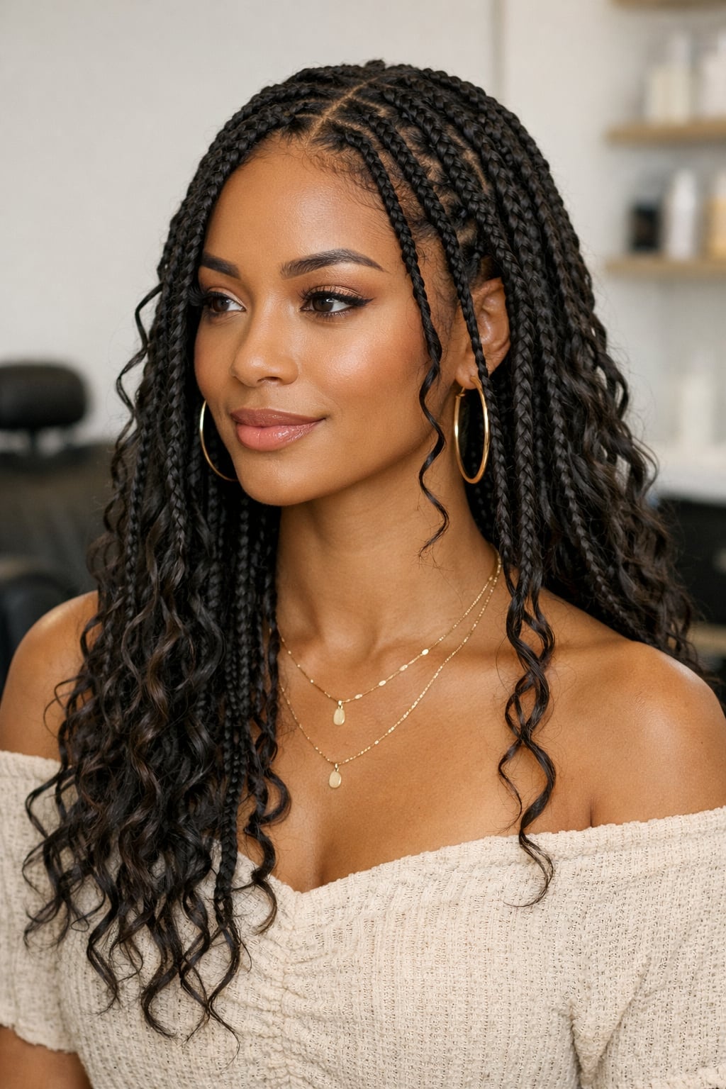 Mid-Back Knotless Braids With Blonde Highlights, Close-Up Take