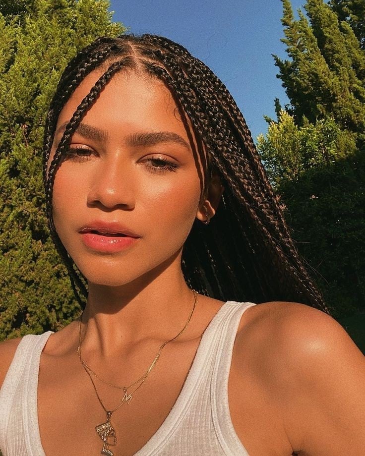 Mid-Back Length Dark Brown Box Braids — Knotless Braids