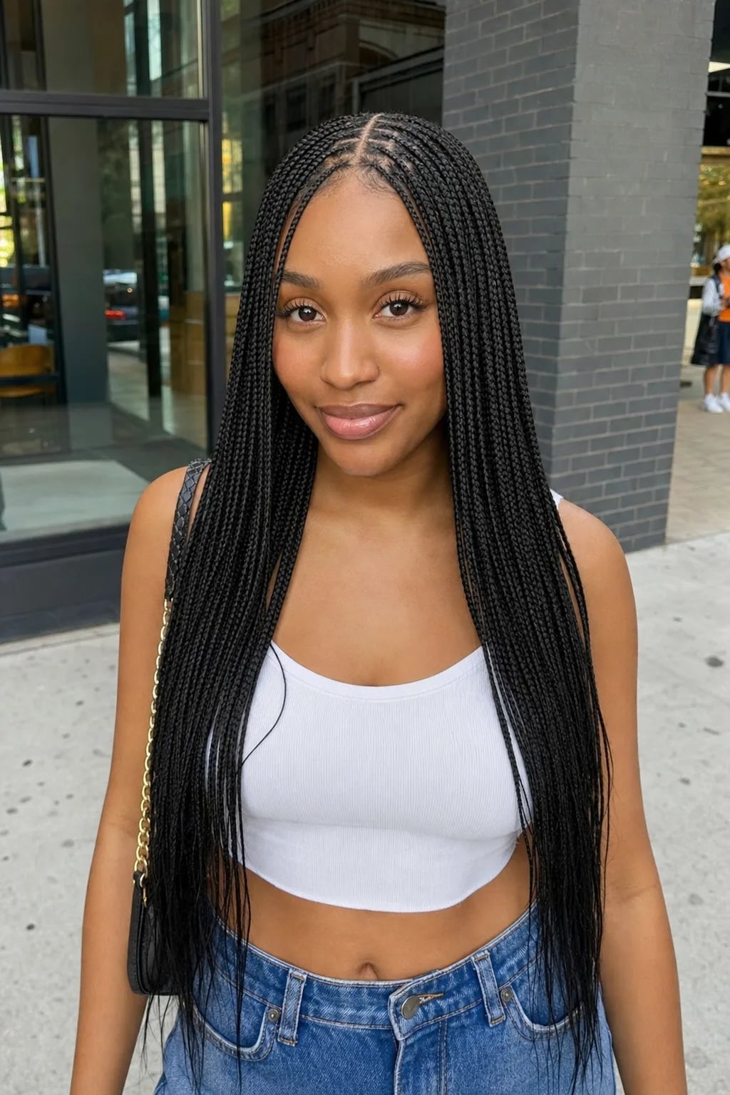 Long Sleek Micro Braids With Middle Part Long Sleek Micro Braids With Middle Part — Knotless Hairstyles