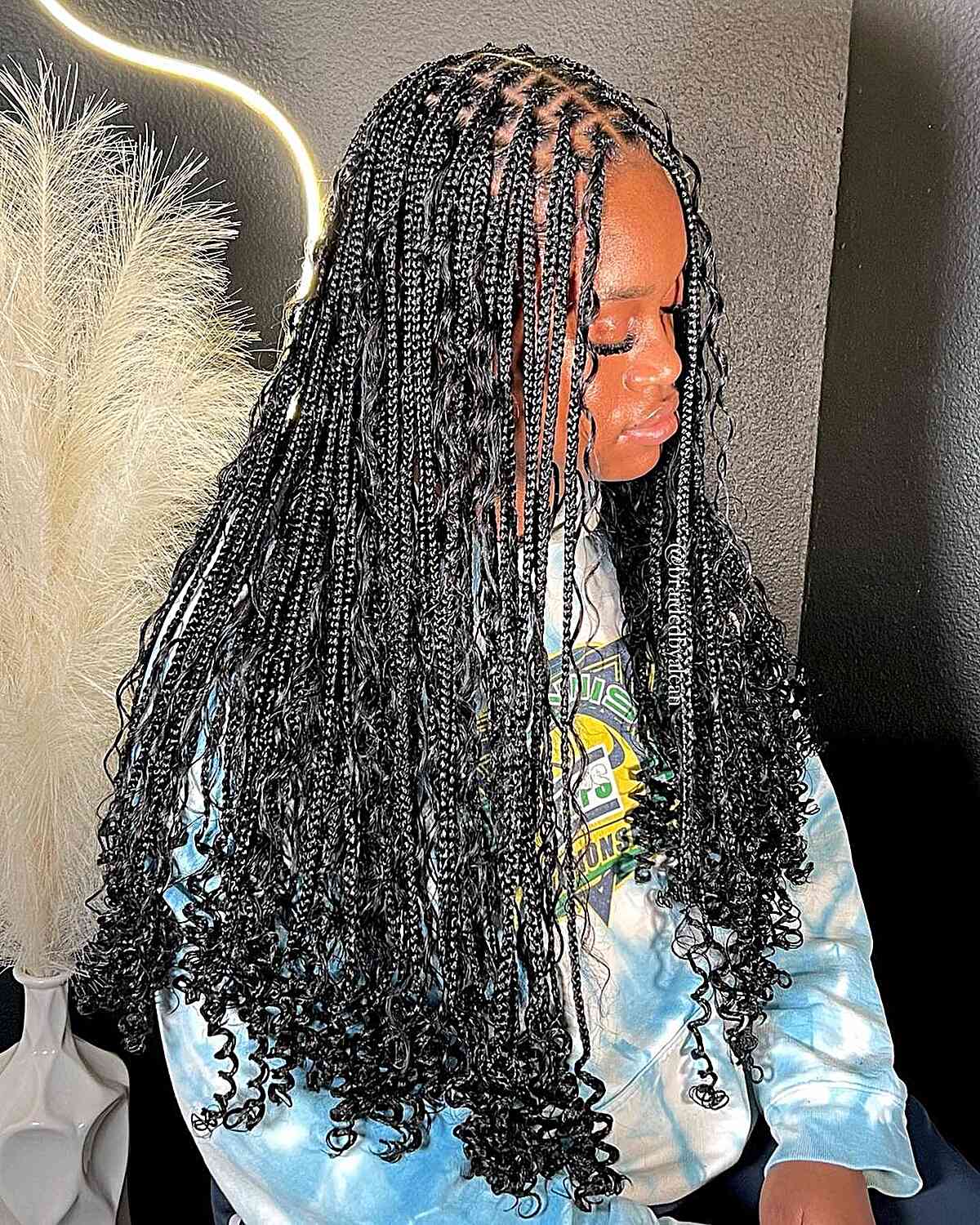 Mid-Back Dark Brown Knotless Braids With Curly Ends, Braided Mid-Back Dark Brown Knotless Braids With Curly Ends, Braided — Knotless Hairstyles