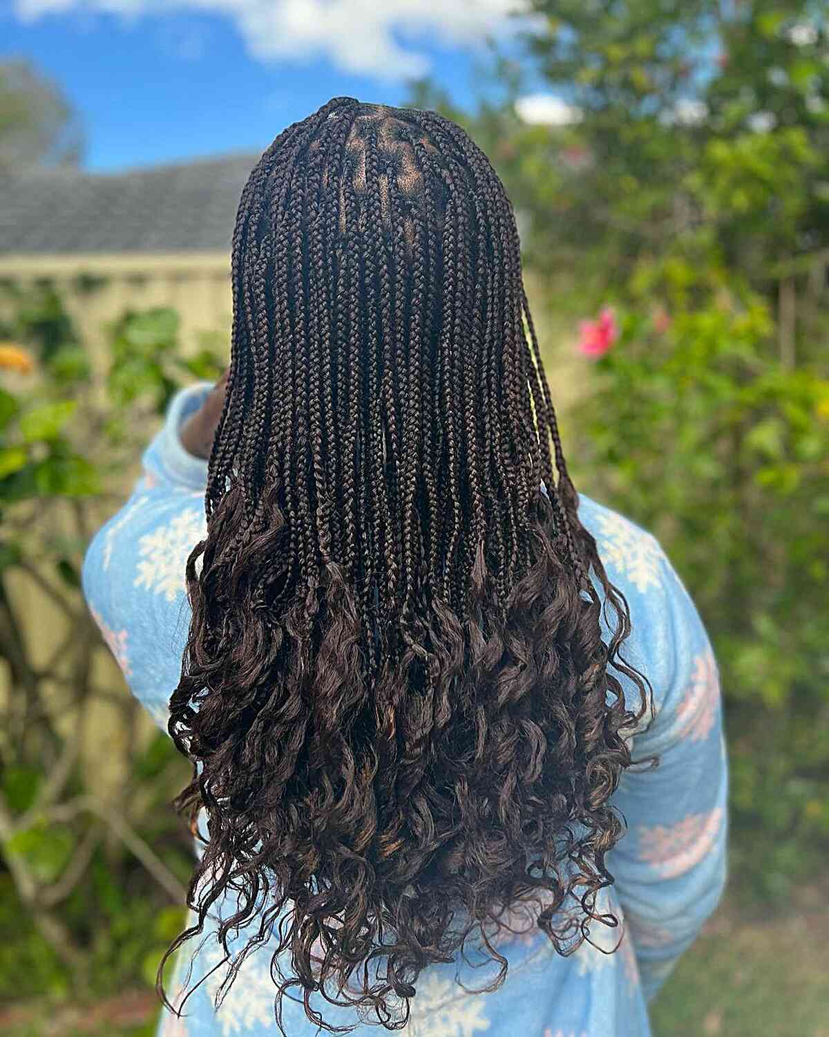 Mid-Back Dark Brown Knotless Braids With Curly Ends Mid-Back Dark Brown Knotless Braids With Curly Ends — Knotless Hairstyles