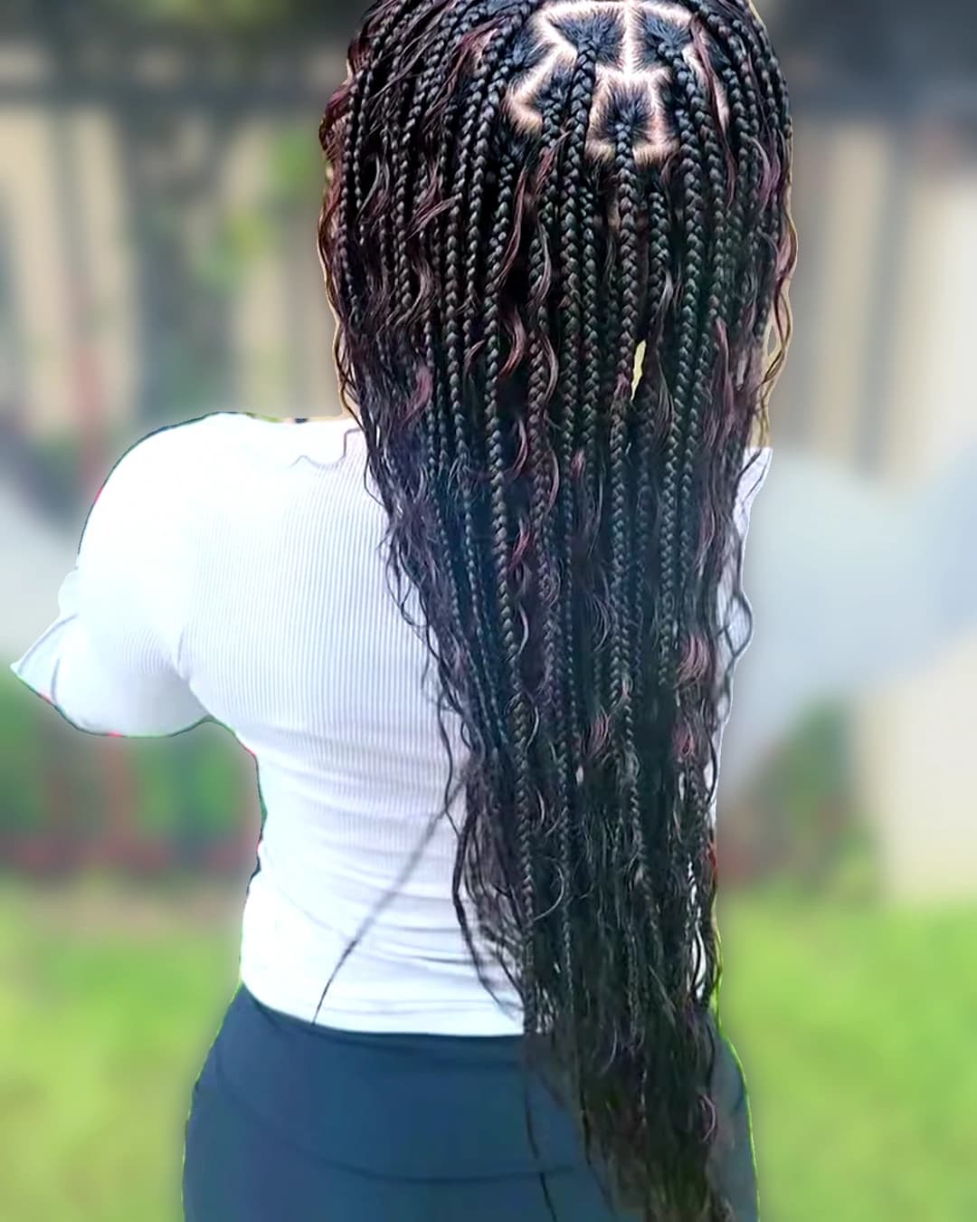 Long Dark Brown Knotless Braids With Red Highlights and Curly Ends Long Dark Brown Knotless Braids With Red Highlights and Curly Ends — Knotless Hairstyles