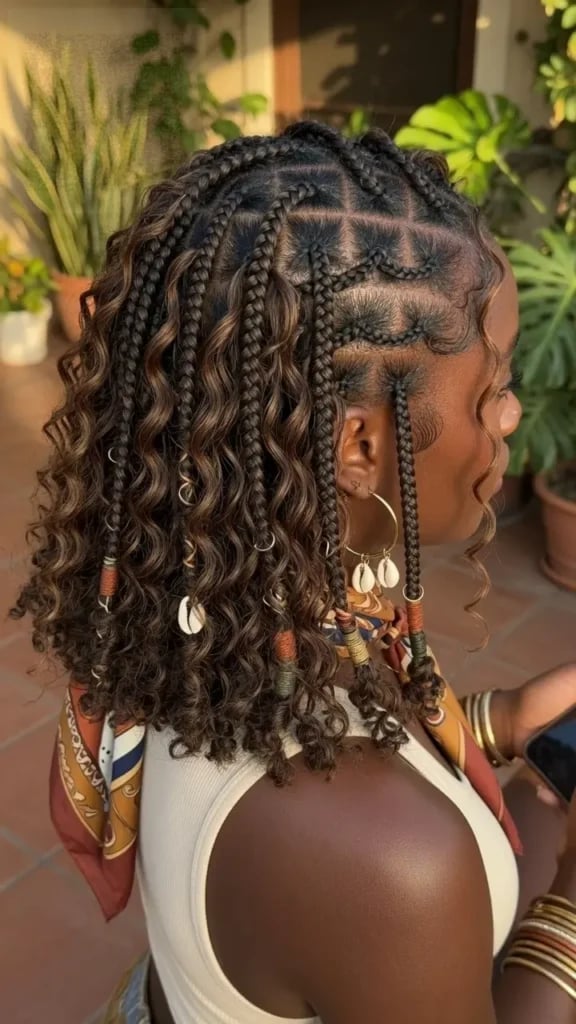 Shoulder-Length Knotless Braids With Blonde Highlights and Curls Shoulder-Length Knotless Braids With Blonde Highlights and Curls — Knotless Hairstyles