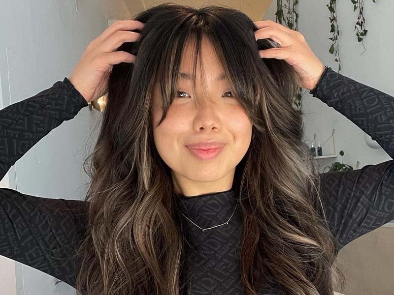 Dark Brown Mid-Back Layers Ash Blonde With Curtain Bangs Dark Brown Mid-Back Layers Ash Blonde With Curtain Bangs — Korean Hair