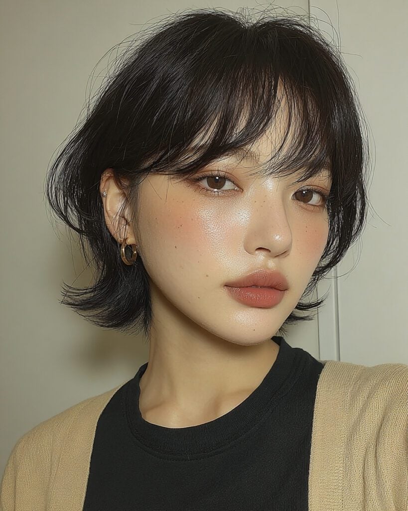 Chin Length Bob With Wispy Curtain Bangs Chin Length Bob With Wispy Curtain Bangs — Korean Hair
