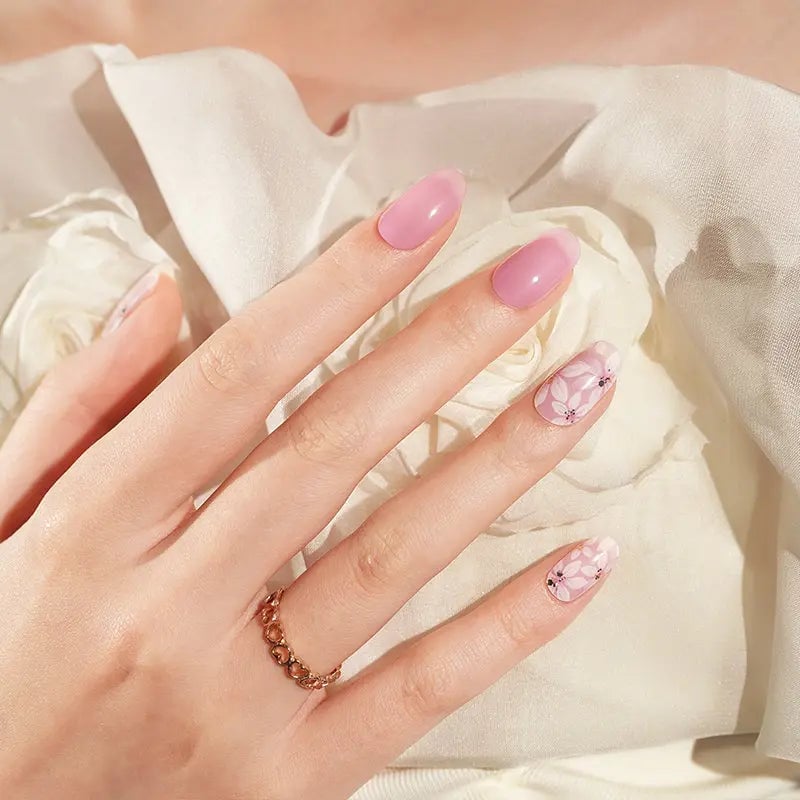 Sheer White Floral Medium Almond Nails — Korean Nail Art