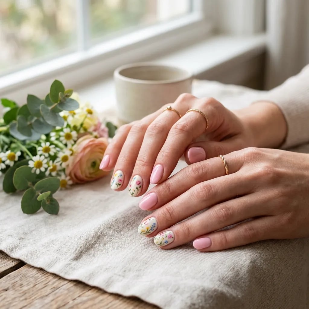 Soft Pink Floral Square Nails — Korean Nail Art