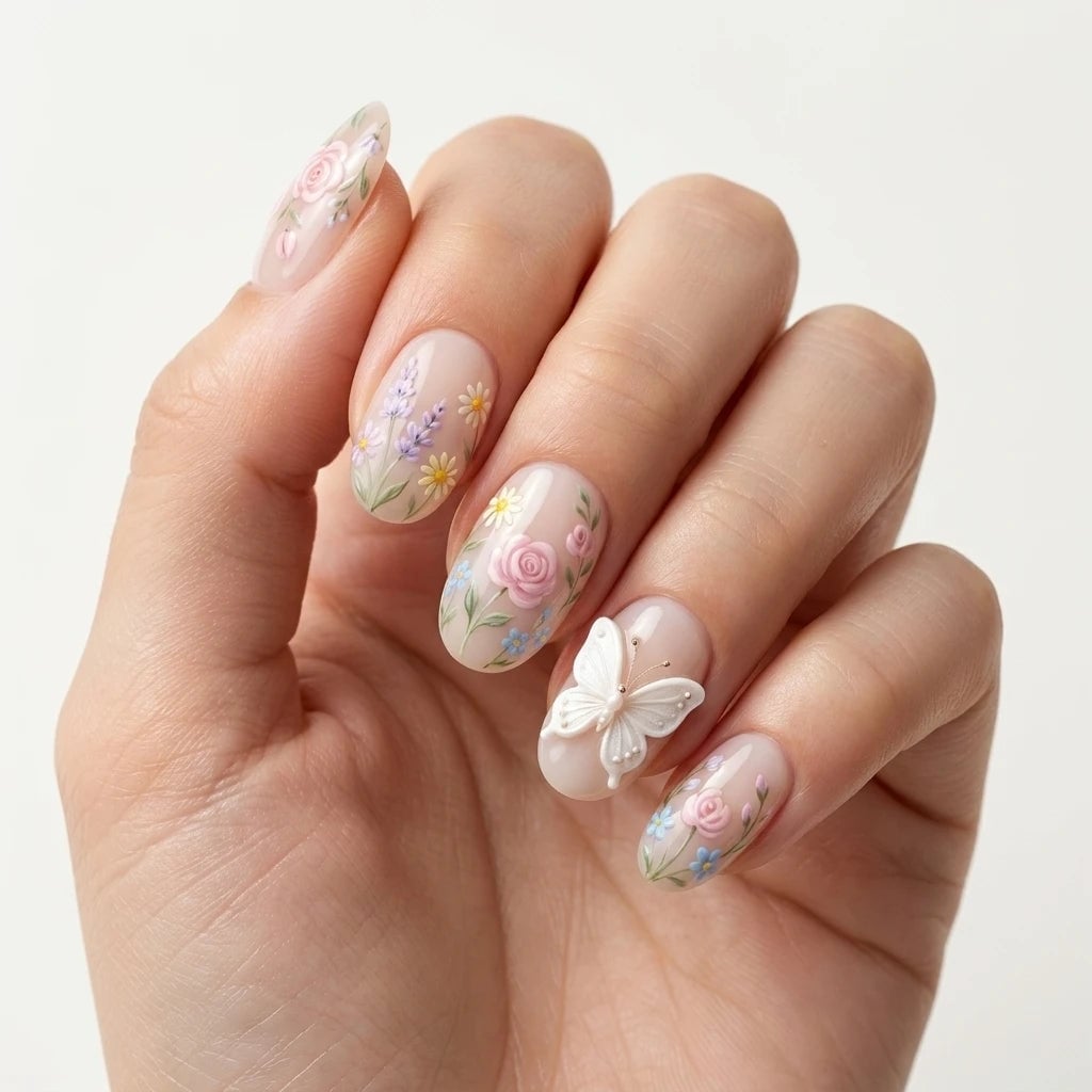Nude Pastel Floral 3D Butterfly Oval Nails — Korean Nail Art