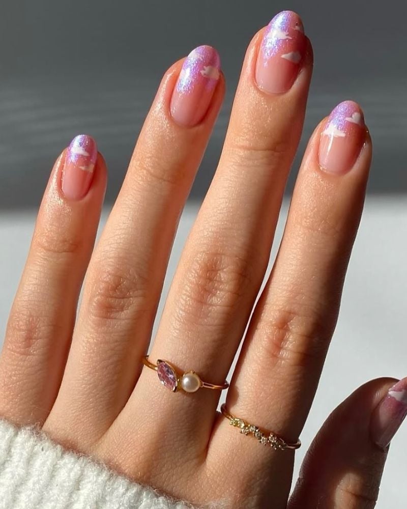 Sheer Pink Iridescent Cloud French Tips — Korean Nail Art