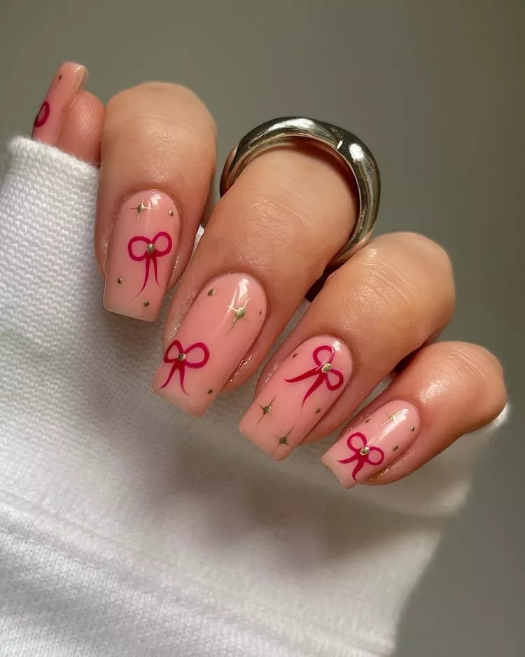 Sheer Pink Red Bow Medium Square Nails — Korean Nail Art