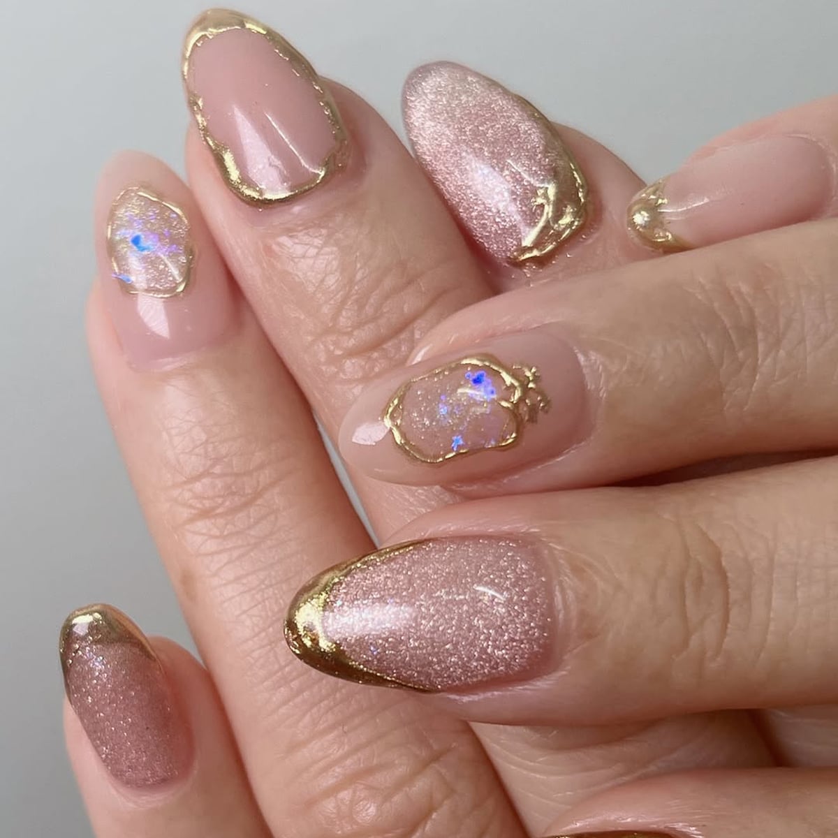 Sheer Nude Rose Gold Glitter Oval Nails — Korean Nail Art